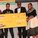 Lindwa communications digital marketing agency attending Allan Gray Makers Inter college entrepreneurship awards. Ceo of Lindwa Communications Buhle Lindwa accepts award from Zimkitha Peter CEO of Allan Gray Makers and Stella Ndabeni Abrahams Minister of Small Business Development DDG Sam Zungu